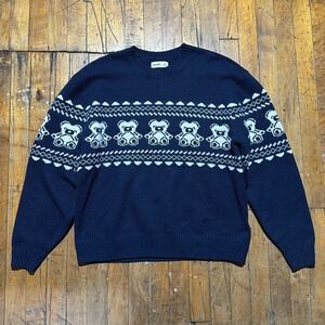 Hollister Sweater‎ Women's XS Navy Teddy Bear Knit Ribbed Hem & Cuff Graphic